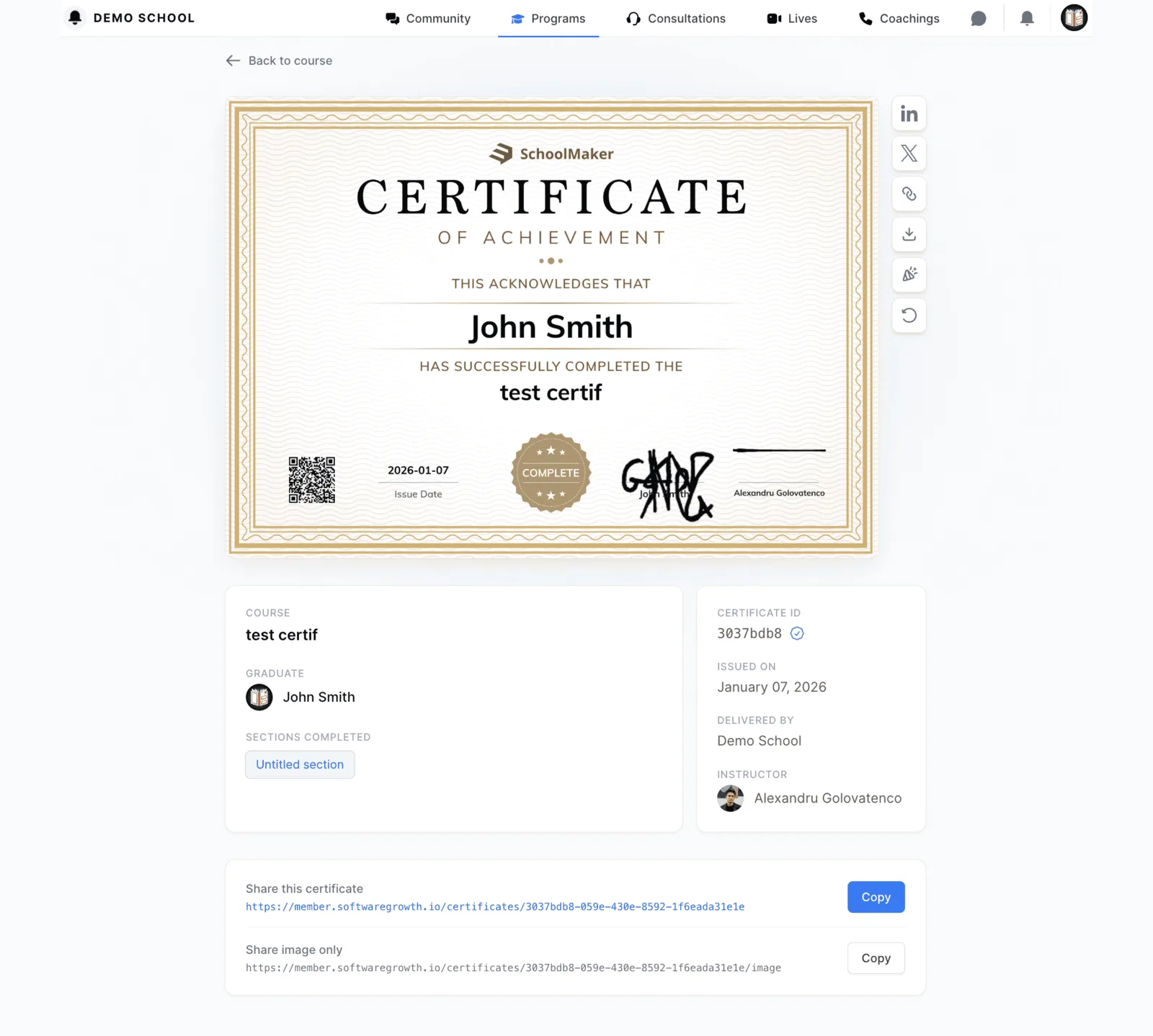 Example of a SchoolMaker course completion certificate