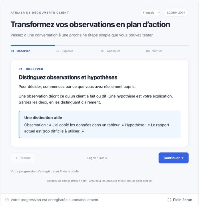 Un module SCORM 2004 interactif de démonstration dans une leçon SchoolMaker.