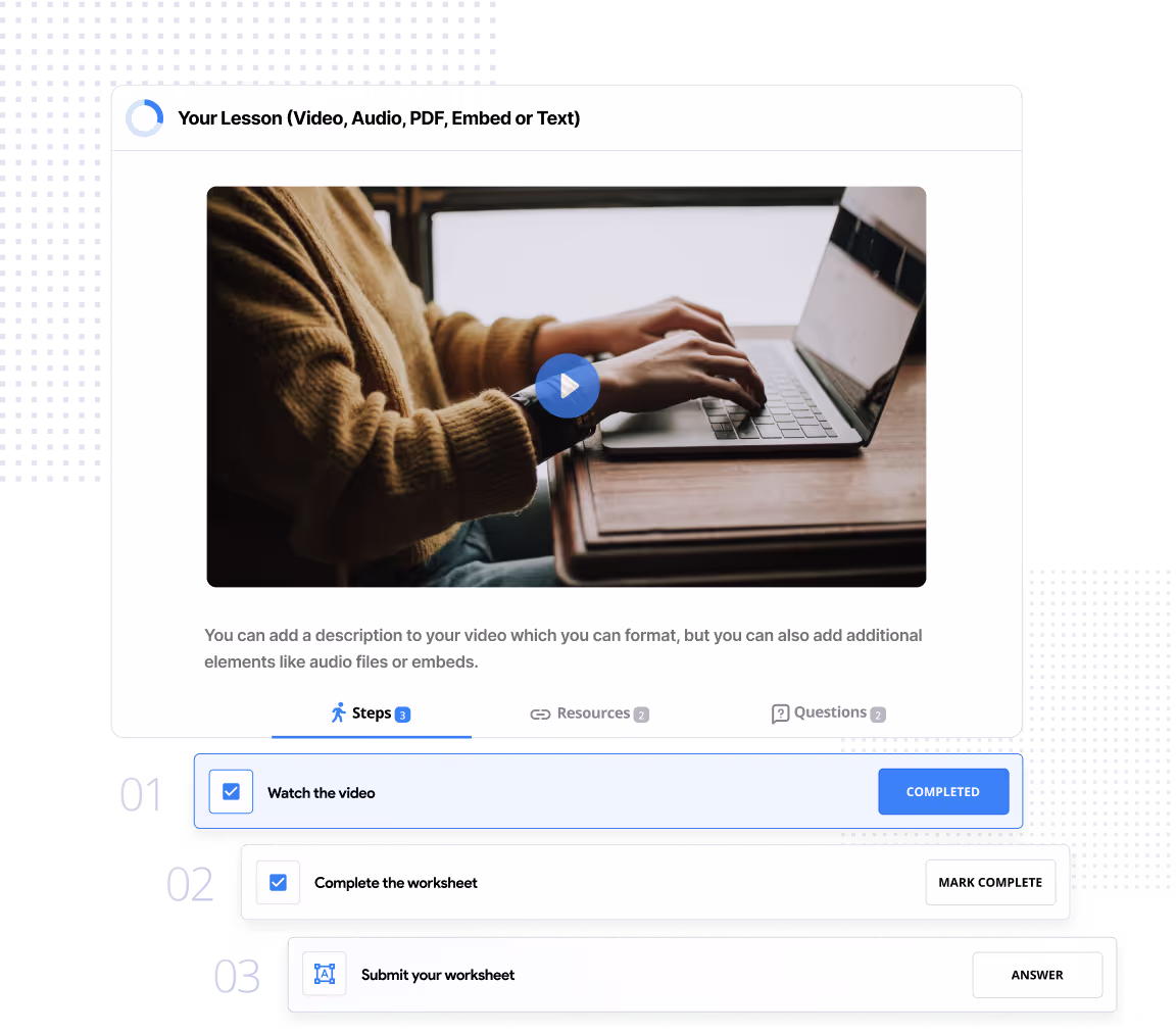 A step system that gamifies each student’s progression by assigning them tasks at the end of each lesson.