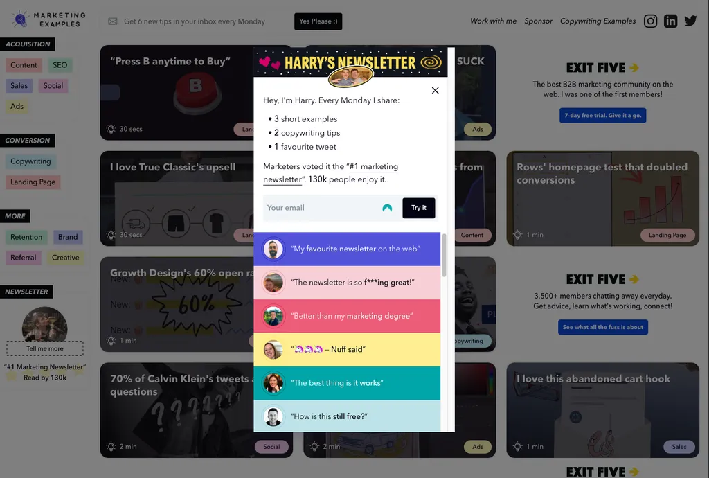 Exemples de marketing Formulaire pop up